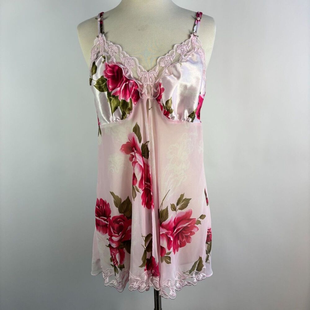 Vtg Babydoll Nightgown M Pink Floral y2k Sheer Cami Top Coquette Feminine Pastel